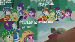 Size: 2000x1125 | Tagged: safe, edit, edited screencap, editor:quoterific, screencap, gallop j. fry, rainbow dash, tank, equestria girls, g4, my little pony equestria girls: better together, sic skateboard, glasses, helmet, skateboard