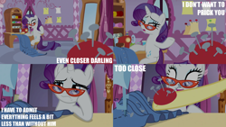 Size: 2000x1125 | Tagged: safe, edit, edited screencap, editor:quoterific, screencap, fluttershy, rarity, pony, unicorn, dragon dropped, g4, season 9, carousel boutique, duo, duo female, fabric, female, glasses, horn, mare, pincushion, rarity's glasses, sewing machine