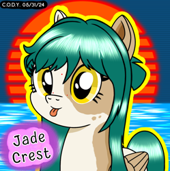 Size: 1980x1986 | Tagged: safe, artist:codenamekid, oc, oc only, oc:jade crest, pegasus, pony, :p, cute, freckles, grid background, highlights, long mane, looking at you, outrun sun, reflection, shading, solo, spotted, sunset, text, tongue out, water