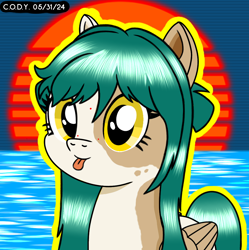 Size: 1980x1986 | Tagged: safe, artist:codenamekid, oc, oc only, oc:jade crest, pegasus, pony, :p, cute, freckles, grid background, highlights, long mane, looking at you, outrun sun, reflection, shading, solo, spotted, sunset, tongue out, water