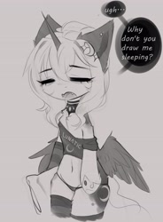 Size: 3015x4096 | Tagged: safe, artist:magnaluna, princess luna, alicorn, semi-anthro, g4, arm hooves, belly button, breaking the fourth wall, clothes, eyes closed, fangs, female, gray background, grayscale, high res, hoof shoes, horn, jewelry, leg fluff, mare, monochrome, open mouth, panties, pillow, regalia, shirt, simple background, sketch, sleepy, socks, solo, speech bubble, striped socks, striped underwear, tired, underwear