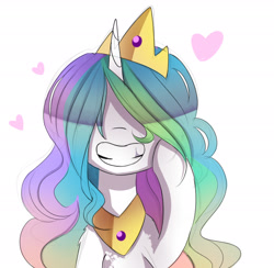Size: 2218x2162 | Tagged: safe, artist:magnaluna, princess celestia, alicorn, pony, g4, alternate hairstyle, bust, cewestia, crown, cute, cutelestia, female, filly, foal, grin, hair over eyes, heart, hidden eyes, horn, jewelry, peytral, raised hoof, regalia, simple background, smiling, solo, white background, younger
