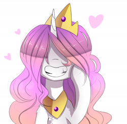 Size: 2218x2162 | Tagged: safe, alternate version, artist:magnaluna, princess celestia, alicorn, pony, g4, alternate hairstyle, bust, cewestia, crown, cute, female, filly, foal, grin, hair over eyes, heart, hidden eyes, jewelry, peytral, pink mane, pink-mane celestia, raised hoof, regalia, simple background, smiling, solo, white background, younger