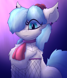 Size: 1837x2129 | Tagged: safe, artist:gosha305, coco pommel, earth pony, pony, g4, alternate hairstyle, chest fluff, choker, clothes, cute, ear fluff, ear piercing, earring, female, fishnet clothing, fishnet stockings, flower, flower in hair, fluffy, goth, gradient background, jewelry, looking at you, mare, necktie, piercing, skull, solo, stockings, thigh highs