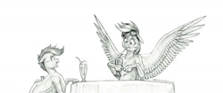 Size: 1700x712 | Tagged: safe, artist:baron engel, rainbow dash, scootaloo, pegasus, pony, g4, duo, duo female, female, filly, foal, goggles, goggles on head, mare, monochrome, pencil drawing, simple background, spread wings, story included, traditional art, white background, wings