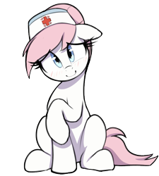 Size: 675x750 | Tagged: safe, artist:thebatfang, nurse redheart, earth pony, pony, g4, blushing, cute, female, floppy ears, heartabetes, looking at you, mare, raised hoof, simple background, sitting, solo, transparent background