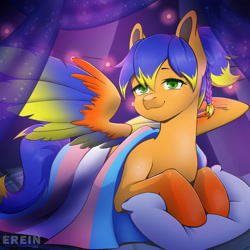 Size: 2000x2000 | Tagged: safe, alternate character, alternate version, artist:erein, oc, oc only, oc:solar aura, pegasus, pony, bedroom, braid, colored wings, commission, commissioner:solar aura, ears up, flag, garland, green eyes, high res, indoors, lgbt, looking at you, multicolored hair, multicolored tail, night, pegasus oc, pillow, ponytail, pride, pride flag, pride month, room, smiling, smiling at you, solo, spread wings, string lights, tail, transexual pride flag, transgender, transgender oc, transgender pride flag, wings, ych result