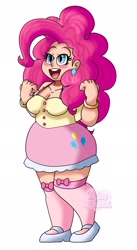 Size: 1122x2048 | Tagged: safe, artist:misseljebel, pinkie pie, human, g4, blushing, bracelet, breasts, chubby, clothes, ear piercing, earring, female, flats, humanized, jewelry, open mouth, piercing, shirt, shoes, simple background, skirt, socks, solo, stockings, thigh highs, watermark, white background