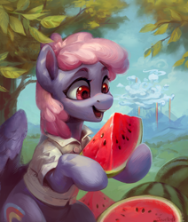 Size: 1880x2215 | Tagged: safe, artist:jewellier, rainbowshine, pegasus, pony, g4, clothes, cloudsdale, commission, eating, female, food, happy, herbivore, leaves, mare, open mouth, open smile, shirt, sitting, smiling, solo, watermelon, weather factory uniform, ych result