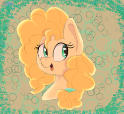 Size: 2523x2336 | Tagged: safe, artist:psychotix, pear butter, earth pony, pony, g4, abstract background, bust, happy, orange mane, smiling, solo