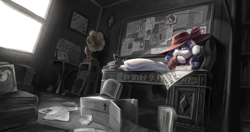 Size: 5852x3098 | Tagged: safe, artist:musical ray, rarity, pony, unicorn, g4, book, box, conspiracy board, desk, detective rarity, digital art, gramophone, horn, picture frame, room, sitting, solo, window