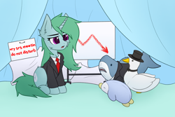 Size: 3072x2048 | Tagged: safe, artist:keupoz, oc, bird, penguin, pony, shark, unicorn, chest fluff, clothes, commission, ear fluff, hat, horn, necktie, pillow, plushie, shirt, shirt with a collar, sitting, suit, top hat, unicorn oc