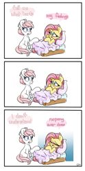 Size: 2000x4048 | Tagged: safe, artist:lou, fluttershy, nurse redheart, earth pony, pegasus, pony, g4, bed, blushing, comic, dialogue, duo, duo female, eye contact, female, folded wings, looking at each other, looking at someone, looking away, mare, meme, open mouth, sad, speech bubble, unamused, wings