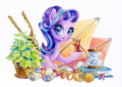 Size: 1300x931 | Tagged: safe, artist:maytee, part of a set, phyllis, starlight glimmer, pony, unicorn, g4, book, glasses, horn, hourglass, kite, origami, potted plant, scroll, simple background, solo, staff, staff of sameness, that pony sure does love kites, traditional art, white background