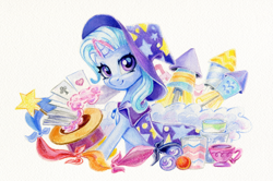 Size: 1300x864 | Tagged: safe, artist:maytee, part of a set, trixie, pony, unicorn, g4, cape, clothes, cup, female, fireworks, hat, horn, looking at you, magic, magic aura, mare, playing card, smiling, smiling at you, solo, teacup, top hat, trixie's cape, trixie's hat