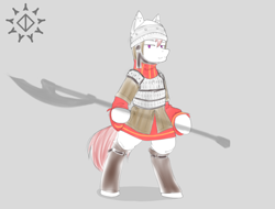 Size: 4000x3040 | Tagged: safe, artist:unchivalrous, earth pony, semi-anthro, armor, armored pony, axe, bipedal, gray background, helmet, male, medieval, polearm, purple eyes, red mane, simple background, solo, weapon, white coat