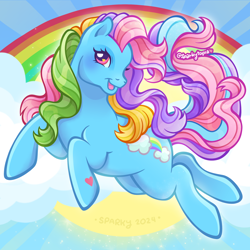 Size: 2400x2400 | Tagged: safe, artist:sparkytopia, rainbow dash (g3), earth pony, pony, g3, blue coat, female, mare, multicolored hair, open mouth, open smile, rainbow hair, smiling, solo