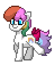 Size: 196x228 | Tagged: safe, first born, earth pony, pony, pony town, g1, g4, animated, bow, digital art, female, g1 to g4, generation leap, gif, multicolored hair, pixel art, rainbow hair, rainbow tail, simple background, smiling, solo, tail, tail bow, transparent background, trotting, walking