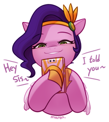 Size: 2007x2226 | Tagged: safe, artist:maren, pipp petals, pegasus, pony, g5, cellphone, colored hooves, colored pinnae, colored wings, dialogue, emanata, eyebrows, eyebrows visible through hair, eyelashes, female, folded wings, grin, half body, high res, hoof hold, hooves, implied zipp storm, jewelry, looking at something, mare, narrowed eyes, phone, signature, simple background, smartphone, smiling, solo, teeth, text, tiara, unshorn fetlocks, white background, wing fluff, wings