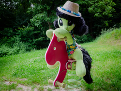 Size: 2400x1800 | Tagged: safe, artist:littlefairyswonders, oc, oc only, oc:filly anon, horse, pony, clothes, cute, female, filly, foal, happy, hat, hawaiian shirt, irl, photo, plushie, ponies riding horses, riding, rocking horse, shirt, solo