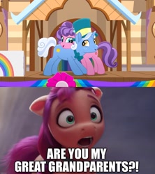 Size: 1429x1607 | Tagged: safe, edit, edited screencap, screencap, petunia petals, sunny skies, sunny starscout, earth pony, pony, unicorn, g4, g5, my little pony: a new generation, my little pony: rainbow roadtrip, caption, female, grandparents, headcanon, horn, image macro, male, mare, petuniasky, shipping, stallion, straight, text, trio