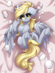 Size: 5000x6620 | Tagged: safe, artist:natanvok, derpy hooves, pegasus, pony, g4, bubble, ear fluff, female, floppy ears, looking at you, lying down, mare, on back, smiling, solo, underhoof