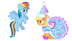 Size: 1920x1080 | Tagged: safe, artist:bobsicle0, applejack, rainbow dash, earth pony, pegasus, g4, look before you sleep, angry, applejack is not amused, bow, clothes, cute, dress, duo, duo female, ear piercing, female, flower, flower in hair, froufrou glittery lacy outfit, glare, gritted teeth, hat, hennin, jackabetes, jewelry, laughing, necklace, piercing, princess, princess applejack, puffy sleeves, rainbow dash is best facemaker, simple background, teeth, transparent background, unamused