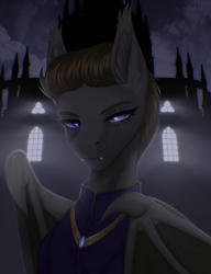 Size: 2463x3203 | Tagged: safe, artist:enderbee, oc, oc only, oc:nachtagail fang, bat pony, pony, bat ears, bat wings, bust, cathedral, clothes, commission, fangs, female, jewelry, mare, necklace, portrait, robe, scar, short mane, solo, window, wings