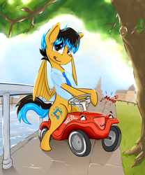 Size: 4354x5227 | Tagged: safe, artist:bumskuchen, oc, oc only, oc:starbass, pegasus, pony, absurd resolution, bobbycar, car, clothes, fence, looking at you, solo, tree, vehicle