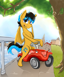 Size: 4354x5227 | Tagged: safe, alternate version, artist:bumskuchen, oc, oc only, oc:starbass, pegasus, pony, absurd resolution, bobbycar, car, fence, looking at you, solo, tree, vehicle