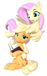 Size: 2160x3500 | Tagged: safe, artist:owlpirate, applejack, fluttershy, earth pony, pegasus, pony, g4, 3d, book, duo, duo female, female, flying, high res, lesbian, lidded eyes, mare, open mouth, open smile, ship:appleshy, shipping, simple background, smiling, source filmmaker, transparent background