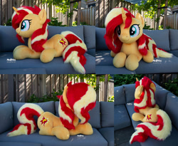 Size: 2200x1800 | Tagged: safe, artist:meplushyou, sunset shimmer, pony, unicorn, g4, commission, couch, female, horn, irl, life size, mare, photo, plushie, smiling, solo