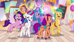 Size: 3300x1856 | Tagged: safe, edit, edited screencap, editor:quoterific, screencap, hitch trailblazer, izzy moonbow, pipp petals, sunny starscout, zipp storm, earth pony, pegasus, pony, unicorn, emotional rollercoaster, g5, my little pony: tell your tale, spoiler:g5, spoiler:my little pony: tell your tale, spoiler:tyts02e15, balloon, cheek bulge, chubby, concave belly, cotton candy, diverse body types, eating, female, fit, food, horn, male, mane five, mane stripe sunny, mare, side view, slender, stallion, thin, walking