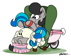 Size: 1848x1448 | Tagged: safe, artist:bobthedalek, dj pon-3, vinyl scratch, oc, oc:mixed melody, oc:octavia's mother, earth pony, pony, unicorn, g4, alternate hairstyle, apron, atg 2024, baby carriage, brush, chair, clothes, duo, duo female, female, frown, hairbrush, horn, mothers gonna mother, newbie artist training grounds, simple background, smiling, wavy mouth, white background