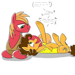 Size: 2000x2000 | Tagged: safe, artist:texacity, big macintosh, cheese sandwich, earth pony, pony, g4, blushing, duo, duo male, gay, heart, heart eyes, looking at each other, looking at someone, lying down, mac n cheese, male, on back, prone, shipping, simple background, smiling, smiling at each other, stallion, white background, wingding eyes