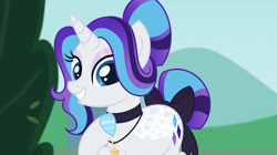 Size: 1280x716 | Tagged: safe, artist:monochrome-sunsets, rarity, pony, unicorn, g4, alternate design, bow, choker, hoof polish, horn, jewelry, looking at you, makeup, necklace, smiling, solo, tail, tail bow