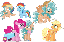 Size: 5773x3763 | Tagged: safe, artist:cirillaq, applejack, pinkie pie, rainbow dash, oc, oc:daydream, pegasus, pony, g4, female, filly, foal, hat, party cannon, simple background, teenager, transparent background, vector, wig