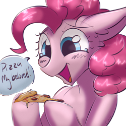 Size: 2048x2048 | Tagged: safe, artist:cupute, pinkie pie, earth pony, pony, g4, admiration, admiring, blushing, chromatic aberration, crying, cute, diapinkes, female, food, happy, holding, looking down, mare, meme, pizza, shiny mane, silly, silly pony, simple background, smiling, solo, tears of joy, transparent background