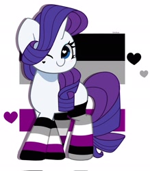 Size: 1794x2048 | Tagged: safe, artist:kittyrosie, rarity, pony, unicorn, g4, asexual, asexual pride flag, clothes, cute, eyeshadow, face paint, female, heart, horn, makeup, mare, missing cutie mark, one eye closed, pride, pride flag, pride month, pride socks, raribetes, simple background, socks, solo, striped socks, white background, wink