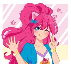 Size: 2048x1839 | Tagged: safe, artist:kittyrosie, kotobukiya, pinkie pie, human, g4, :p, blushing, bracelet, clothes, cute, diapinkes, female, humanized, jewelry, kotobukiya pinkie pie, one eye closed, ponied up, shirt, solo, t-shirt, tongue out, vest, waving, wink