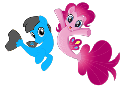 Size: 2557x1748 | Tagged: safe, artist:williamtheofficial, pinkie pie, oc, oc:william, earth pony, seapony (g4), g4, dorsal fin, duo, duo male and female, female, fin, fish tail, flowing mane, flowing tail, looking at you, male, mare, open mouth, open smile, scales, seaponified, seapony pinkie pie, simple background, smiling, smiling at you, species swap, swimming, tail, transparent background