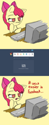 Size: 1280x3263 | Tagged: safe, artist:arielsbx, apple bloom, pony, ask little applebloom, g4, bow, computer, female, filly, foal, head on hoof, solo, tumblr