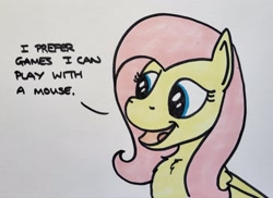 Size: 2048x1495 | Tagged: safe, artist:hoofclid, fluttershy, pegasus, pony, g4, chest fluff, dialogue, female, mare, marker drawing, open mouth, open smile, smiling, solo, traditional art