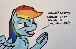 Size: 2048x1320 | Tagged: safe, artist:hoofclid, rainbow dash, pegasus, pony, g4, chest fluff, dialogue, female, lidded eyes, mare, marker drawing, open mouth, open smile, smiling, solo, traditional art, underhoof