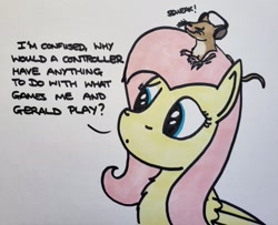 Size: 2048x1660 | Tagged: safe, artist:hoofclid, fluttershy, mouse, pegasus, pony, g4, bait and switch, chest fluff, dialogue, female, headphones, mare, marker drawing, solo, traditional art