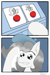 Size: 1323x2000 | Tagged: safe, artist:zeccy, oc, oc only, earth pony, pony, 2 panel comic, atg 2024, big ears, big mane, big tail, button, comic, daily struggle, meme, newbie artist training grounds, ponified meme, solo, tail, wiping brow