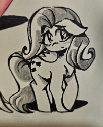 Size: 2483x3062 | Tagged: safe, artist:itsxannyp, fluttershy, pegasus, pony, g4, black and white, chest fluff, crossed hooves, cute, female, floppy ears, frown, grayscale, mare, monochrome, pen drawing, shyabetes, solo, traditional art