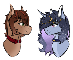 Size: 841x688 | Tagged: safe, artist:okimi, oc, oc only, oc:lucid waves, oc:moonheart, earth pony, unicorn, constellation hair, couple, duo, duo male and female, earth pony oc, female, head chain, horn, looking at each other, looking at someone, male, moon, oc x oc, shipping, simple background, smiling, smiling at each other, stars, unicorn oc, white background