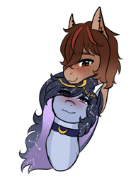 Size: 572x771 | Tagged: safe, artist:okimi, oc, oc only, oc:lucid waves, oc:moonheart, earth pony, unicorn, blushing, constellation hair, couple, duo, duo male and female, earth pony oc, female, head chain, horn, looking at each other, looking at someone, male, moon, oc x oc, shipping, simple background, smiling, smiling at each other, stars, unicorn oc, white background