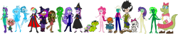 Size: 3995x771 | Tagged: safe, artist:invisibleink, artist:tylerajohnson352, applejack, fluttershy, pinkie pie, rainbow dash, rarity, sci-twi, spike, starlight glimmer, sunset shimmer, trixie, twilight sparkle, alien, dinosaur, dog, dragon, ghost, undead, vampire, werewolf, equestria girls, g4, antenna, bandage, bolts, bone, boots, cape, claws, clothes, collar, costume, crossover, cute, dashabetes, diapinkes, diatrixes, dinosaurified, dress, elsa frankenteen, enid mettle, fangs, female, fins, flippers, frankenstein, frankenstein's monster, fur, galactica, gills, glimmerbetes, gloves, glowing, green skin, grimwood girls, hairpin, halloween, hat, high heels, holiday, humane five, humane seven, humane six, jackabetes, jewelry, lagoona black, lizard creature, mask, matches (scooby-doo), minimal, monster, mummy, necklace, ok k.o.! lets be heroes, ok ko let's be heroes, pants, paws, phantasma, pointed ears, puppy, raribetes, scooby-doo and the ghoul school, scooby-doo!, sharp teeth, shimmerbetes, shoes, shyabetes, sibella, simple background, skeleton, skeleton costume, skull mask, solo, species swap, spikabetes, spike the dog, stitches, suit, swamp creature, tail, talons, tanis, teeth, transparent background, twiabetes, twilight sparkle (alicorn), vest, webbed feet, webbed fingers, winnie the werewolf, witch, witch hat